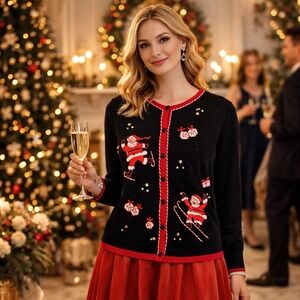 Designers Originals Christmas Cardigan Sweater Large Sequin Embroidery Santa VTG